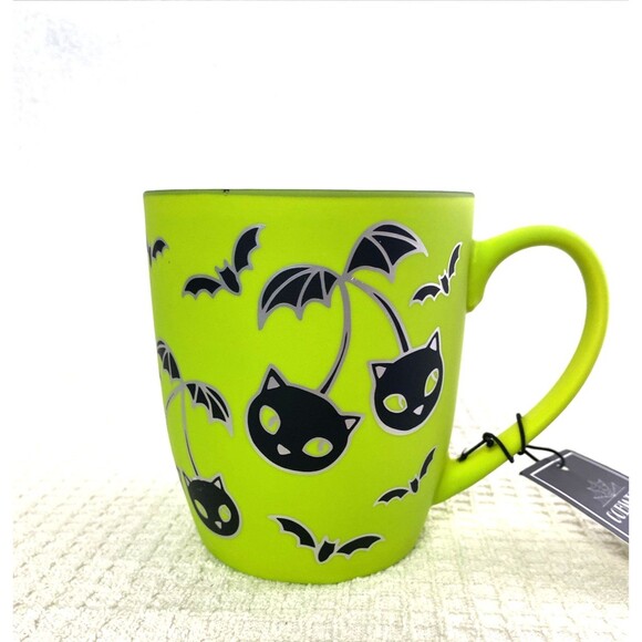 Cobwebs & Cauldrons Halloween Coffee Mug Apple Green Soft Touch Cherry Cats Bats - Picture 6 of 7
